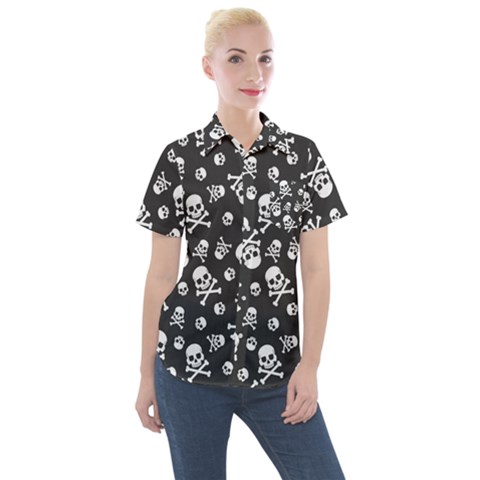 Skull-crossbones-seamless-pattern-holiday-halloween-wallpaper-wrapping-packing-backdrop Women s Short Sleeve Pocket Shirt by Ravend