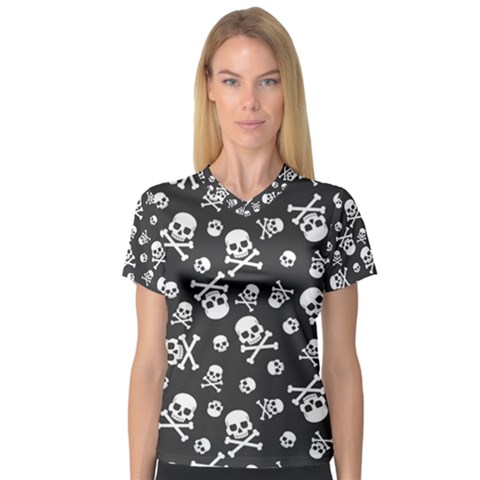 Skull Crossbones Seamless Pattern Holiday-halloween-wallpaper Wrapping Packing Backdrop V-neck Sport Mesh Tee by Ravend