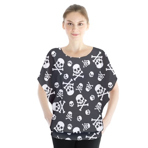 Skull Crossbones Seamless Pattern Holiday-halloween-wallpaper Wrapping Packing Backdrop Batwing Chiffon Blouse by Ravend