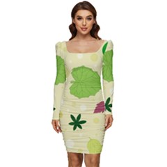 Leaves-140 Women Long Sleeve Ruched Stretch Jersey Dress by nateshop