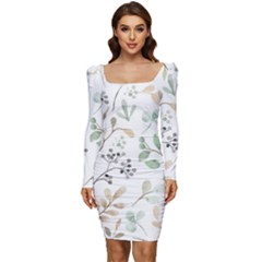 Leaves-147 Women Long Sleeve Ruched Stretch Jersey Dress by nateshop