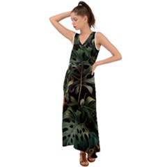 Tropical Leaves Leaf Foliage Monstera Nature Home V-neck Chiffon Maxi Dress by Jancukart