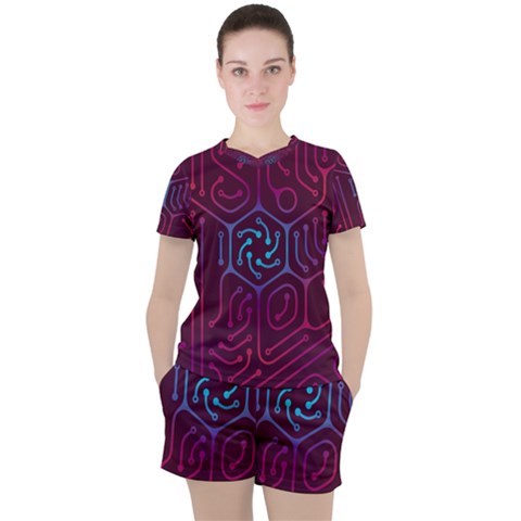 Circuit Hexagonal Geometric Pattern Background Purple Women s Tee And Shorts Set by Jancukart