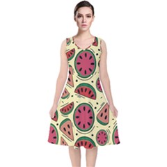 Watermelon Pattern Slices Fruit V-neck Midi Sleeveless Dress  by Semog4