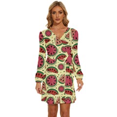 Watermelon Pattern Slices Fruit Long Sleeve Waist Tie Ruffle Velvet Dress by Semog4