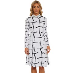 Precision Pursuit: Hunting Motif Black And White Pattern Long Sleeve Shirt Collar A-line Dress by dflcprintsclothing