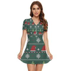 Beautiful Knitted Christmas Pattern V-neck High Waist Chiffon Mini Dress by Semog4