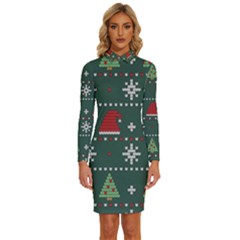 Beautiful Knitted Christmas Pattern Long Sleeve Shirt Collar Bodycon Dress by Semog4