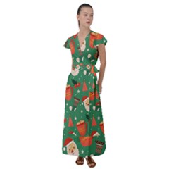 Colorful Funny Christmas Pattern Flutter Sleeve Maxi Dress by Semog4