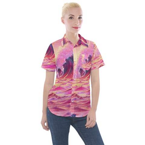 Wave Waves Ocean Sea Women s Short Sleeve Pocket Shirt by Ravend