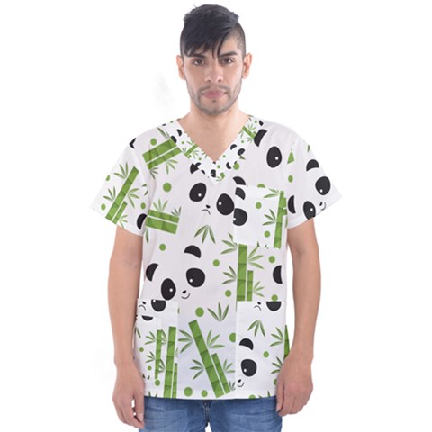 Giant Panda Bear Green Bamboo Men s V-neck Scrub Top by Salman4z