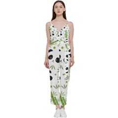 Giant Panda Bear Green Bamboo V-neck Spaghetti Strap Tie Front Jumpsuit by Salman4z