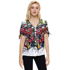 Mural Graffiti Paint Bow Sleeve Button Up Top by Salman4z