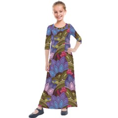 Purple Red And Green Flowers Digital Wallpaper Patterns Ornament Kids  Quarter Sleeve Maxi Dress by Salman4z