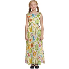 Nature Doodle Art Trees Birds Owl Children Pattern Multi Colored Kids  Satin Sleeveless Maxi Dress by Salman4z