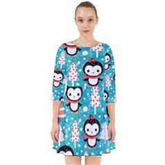 Blue Penguin Pattern Christmas Smock Dress by Salman4z