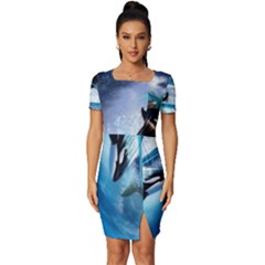 Orca Wave Water Underwater Fitted Knot Split End Bodycon Dress by Salman4z