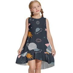 Space Background Illustration With Stars And Rocket Seamless Vector Pattern Kids  Frill Swing Dress by Salman4z