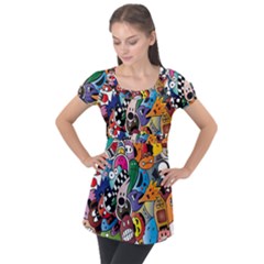 Cartoon Explosion Cartoon Characters Funny Puff Sleeve Tunic Top by Salman4z