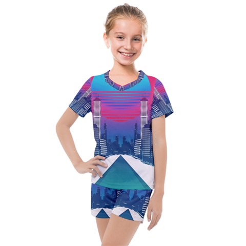 Retro Cityscape Artist Artwork Digital Art Kids  Mesh Tee And Shorts Set by Salman4z