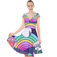 Rainbow Fun Cute Minimal Doodle Drawing Art Cap Sleeve Front Wrap Midi Dress by Jancukart