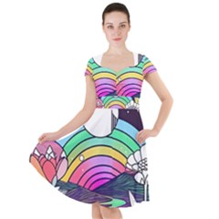 Rainbow Fun Cute Minimal Doodle Drawing Art Cap Sleeve Midi Dress by Jancukart