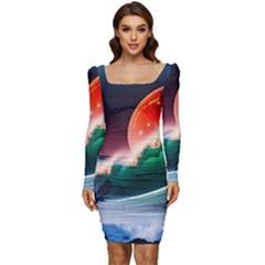 Sea Ocean Waves Rocks Sunset Artwork Women Long Sleeve Ruched Stretch Jersey Dress by Jancukart