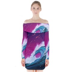 Tsunami Waves Ocean Sea Nautical Nature Water Unique Long Sleeve Off Shoulder Dress by Jancukart