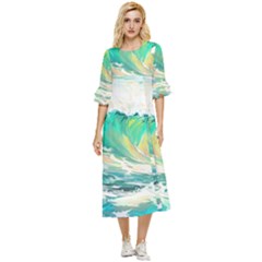 Waves Ocean Sea Tsunami Nautical 90 Double Cuff Midi Dress by Jancukart