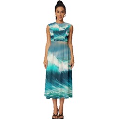 Waves Ocean Sea Tsunami Nautical Blue Sleeveless Round Neck Midi Dress by Jancukart