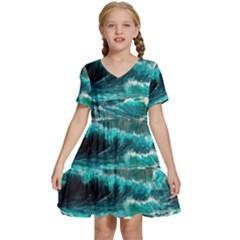 Tsunami Waves Ocean Sea Nautical Nature Water 5 Kids  Short Sleeve Tiered Mini Dress by Jancukart