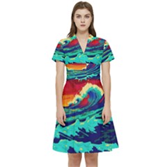 Tsunami Waves Ocean Sea Nautical Nature Water 9 Short Sleeve Waist Detail Dress by Jancukart