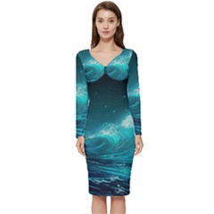 Tsunami Waves Ocean Sea Nautical Nature Water 7 Long Sleeve V-neck Bodycon Dress  by Jancukart