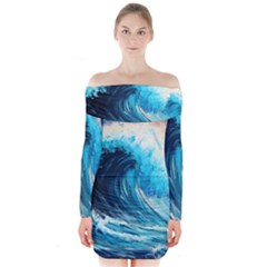 Tsunami Waves Ocean Sea Nautical Nature Water Arts Long Sleeve Off Shoulder Dress by Jancukart