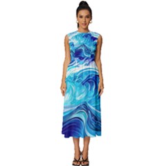 Tsunami Waves Ocean Sea Nautical Nature Abstract Blue Water Sleeveless Round Neck Midi Dress by Jancukart