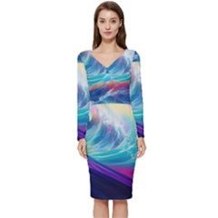 Waves Ocean Sea Tsunami Nautical Nature Water Long Sleeve V-neck Bodycon Dress  by Jancukart