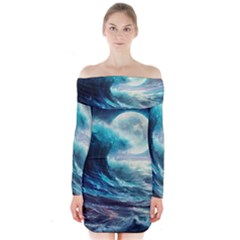 Tsunami Waves Ocean Sea Nautical Nature Water 4 Long Sleeve Off Shoulder Dress by Jancukart