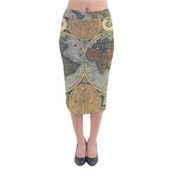 Vintage World Map Velvet Midi Pencil Skirt by Sudheng