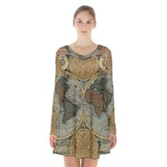 Vintage World Map Long Sleeve Velvet V-neck Dress by Sudheng