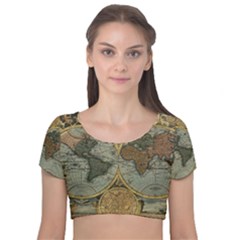 Vintage World Map Velvet Short Sleeve Crop Top  by Sudheng