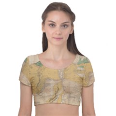 Vintage World Map Physical Geography Velvet Short Sleeve Crop Top  by Sudheng