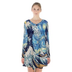 The Great Wave Of Kanagawa Painting Starry Night Van Gogh Long Sleeve Velvet V-neck Dress by Sudheng