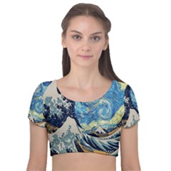 The Great Wave Of Kanagawa Painting Starry Night Van Gogh Velvet Short Sleeve Crop Top  by Sudheng