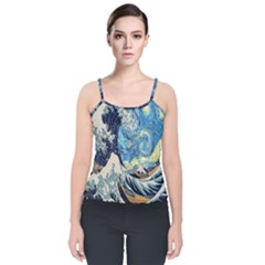 The Great Wave Of Kanagawa Painting Starry Night Van Gogh Velvet Spaghetti Strap Top by Sudheng