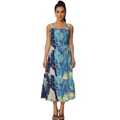 The Great Wave Of Kanagawa Painting Starry Night Van Gogh Square Neckline Tiered Midi Dress by Sudheng