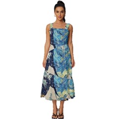 Starry Night Hokusai Van Gogh The Great Wave Off Kanagawa Square Neckline Tiered Midi Dress by Sudheng