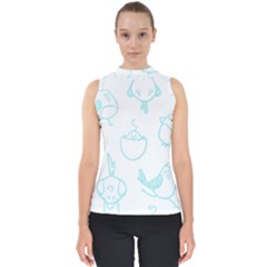 Birds Seamless Pattern Blue Mock Neck Shell Top by ConteMonfrey