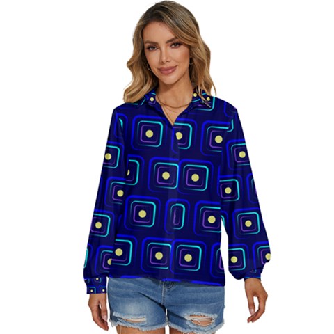 Blue Neon Squares - Modern Abstract Women s Long Sleeve Button Down Shirt by ConteMonfrey