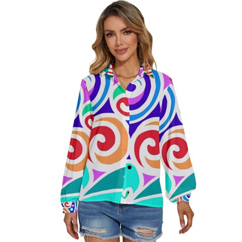 Crazy Pop Art - Doodle Circles   Women s Long Sleeve Button Down Shirt by ConteMonfrey