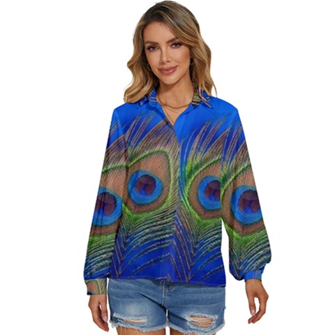 Blue Peacock Feather Women s Long Sleeve Button Down Shirt by Amaryn4rt